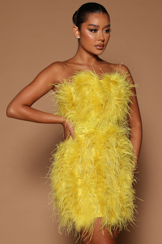 Lorina Feather Mini Dress - Chartreuse