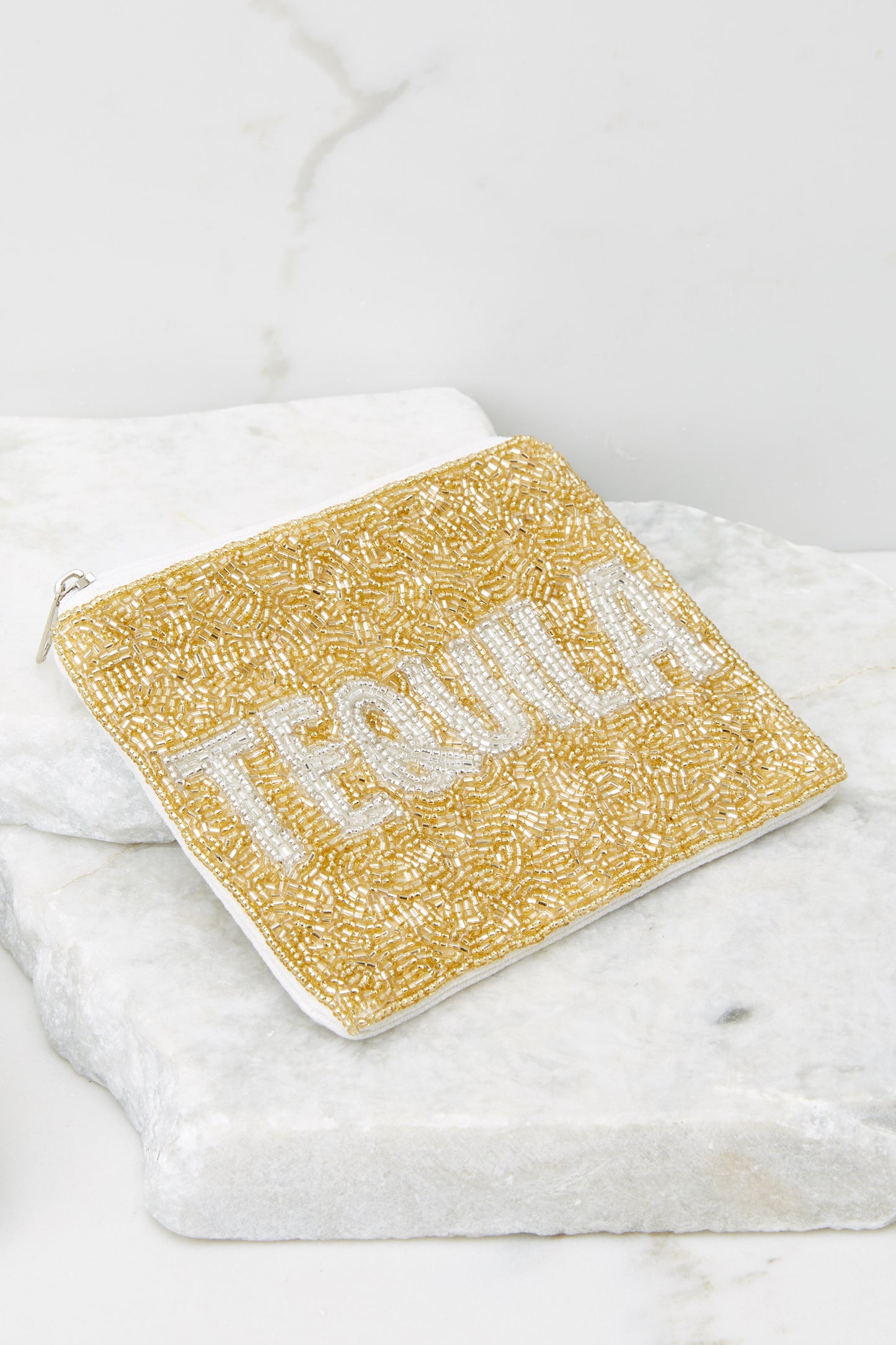 The Secret To Happiness Gold Beaded Pouch