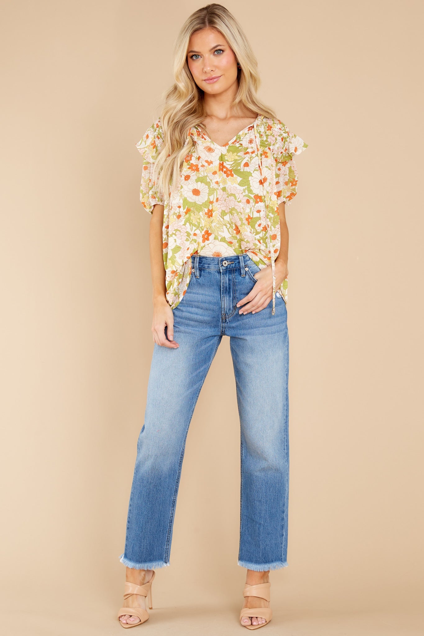 Keep Growing Ivory And Green Floral Print Top