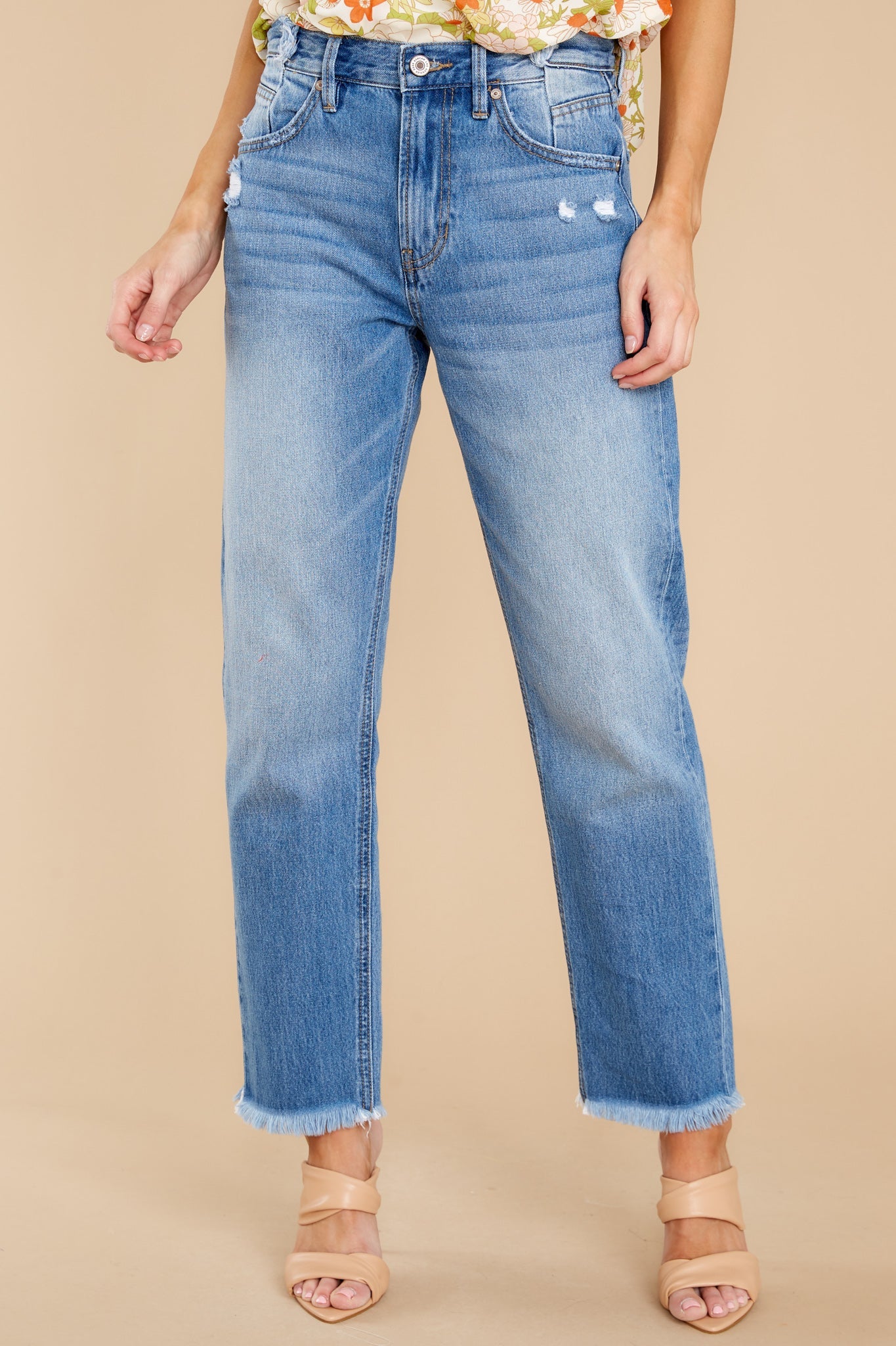 Breeze Through Medium Wash Distressed Straight Jeans