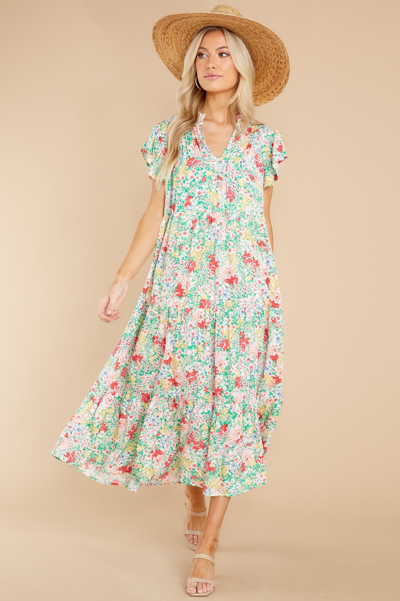 Life Begins Green Floral Print Midi Dress
