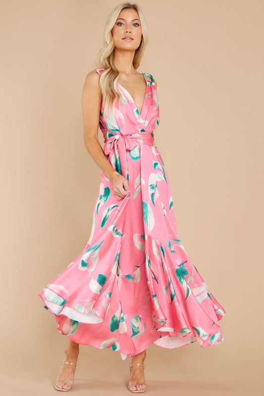 Call Me Sassy Pink Leaf Print Maxi Dress