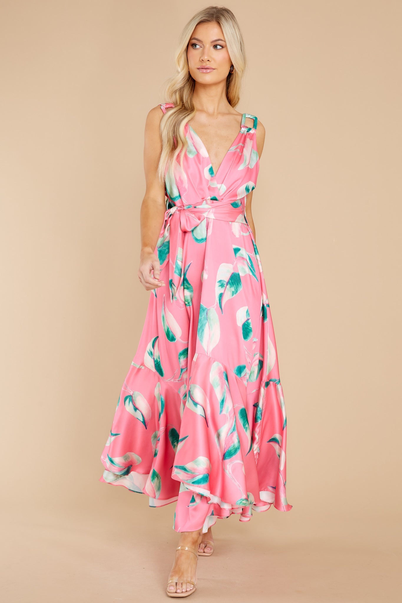 Call Me Sassy Pink Leaf Print Maxi Dress