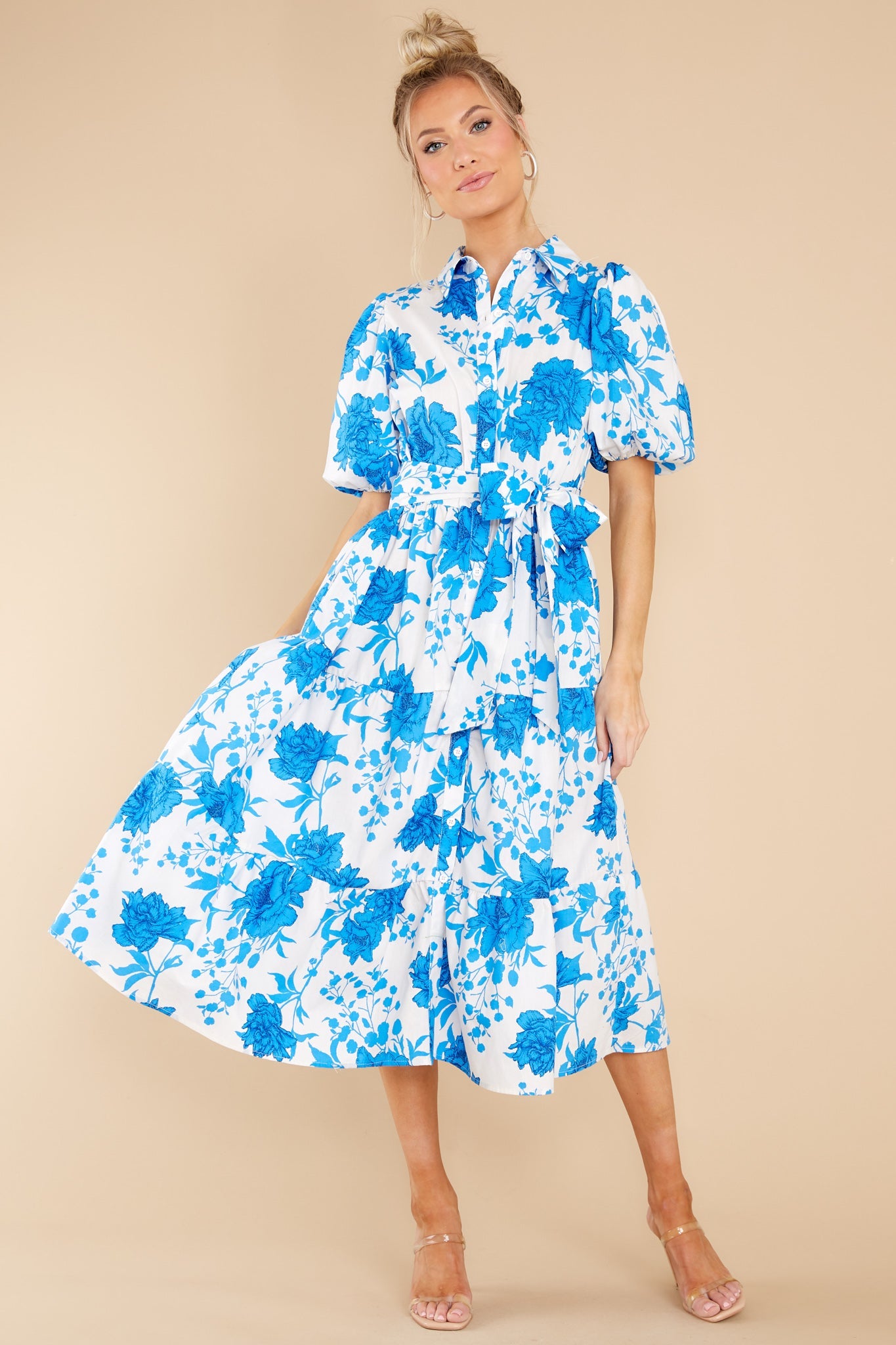 Timeless Touch White And Blue Floral Print Midi Dress