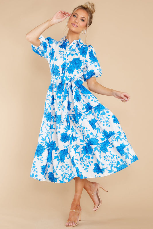 Timeless Touch White And Blue Floral Print Midi Dress