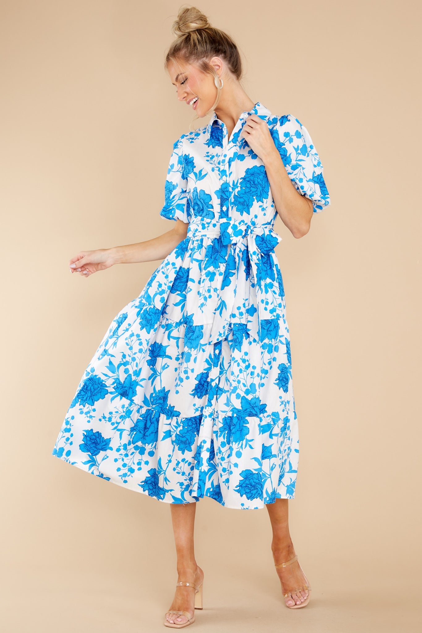 Timeless Touch White And Blue Floral Print Midi Dress