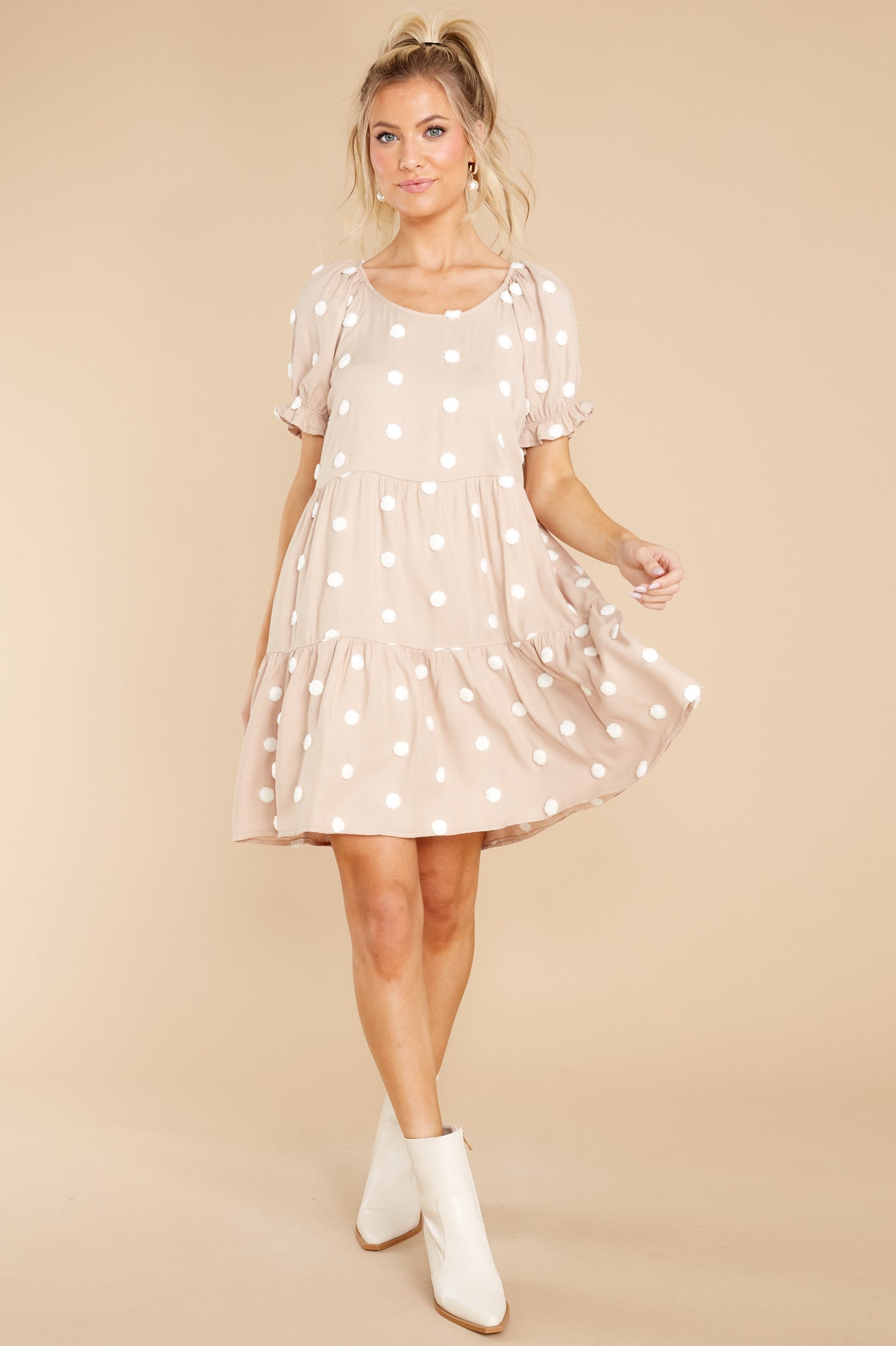 She Loves To Twirl Taupe Polka Dot Dress