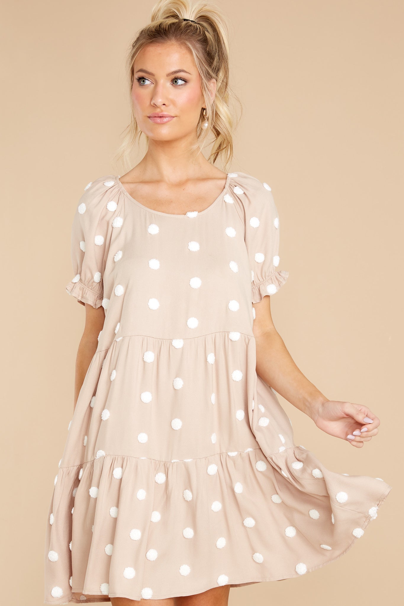 She Loves To Twirl Taupe Polka Dot Dress