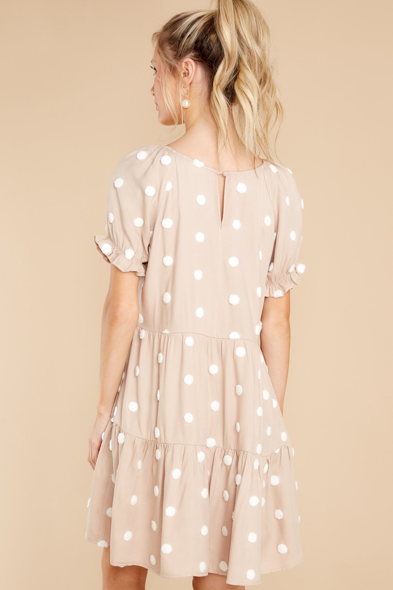 She Loves To Twirl Taupe Polka Dot Dress