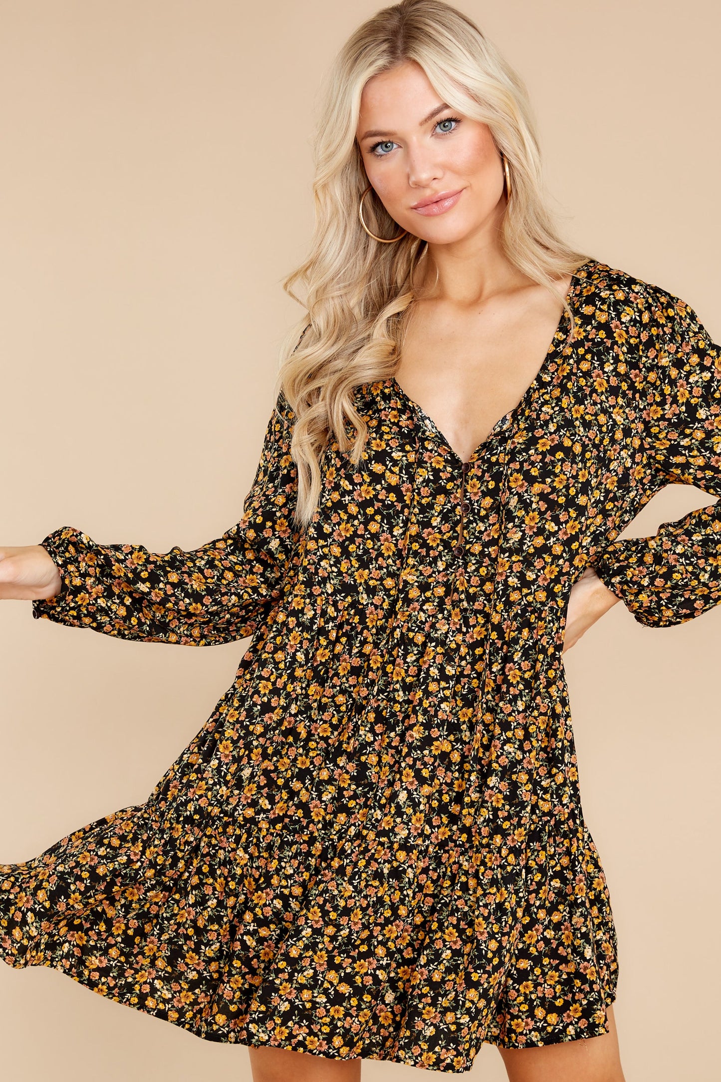 Streetside Sonnet Black And Yellow Floral Print Dress