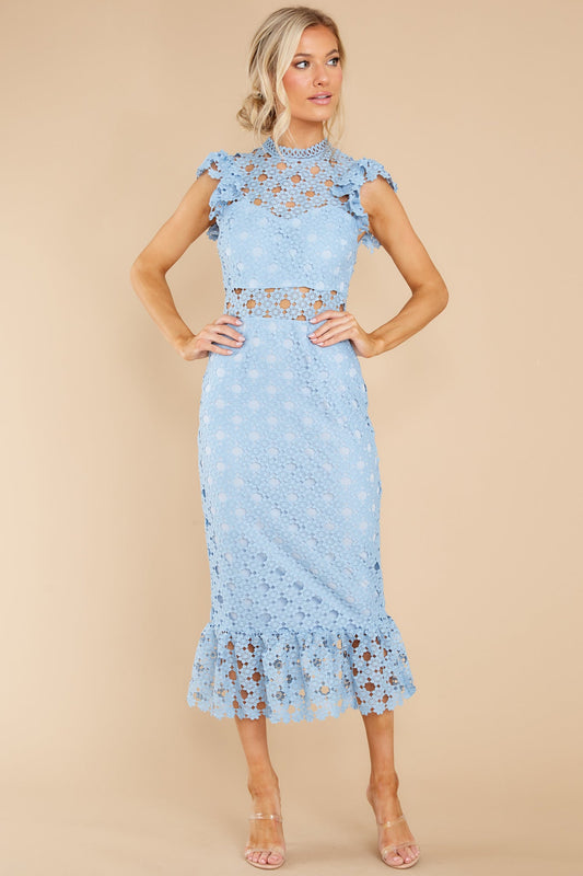 Love's High Hopes Sky Blue Crochet Midi Dress