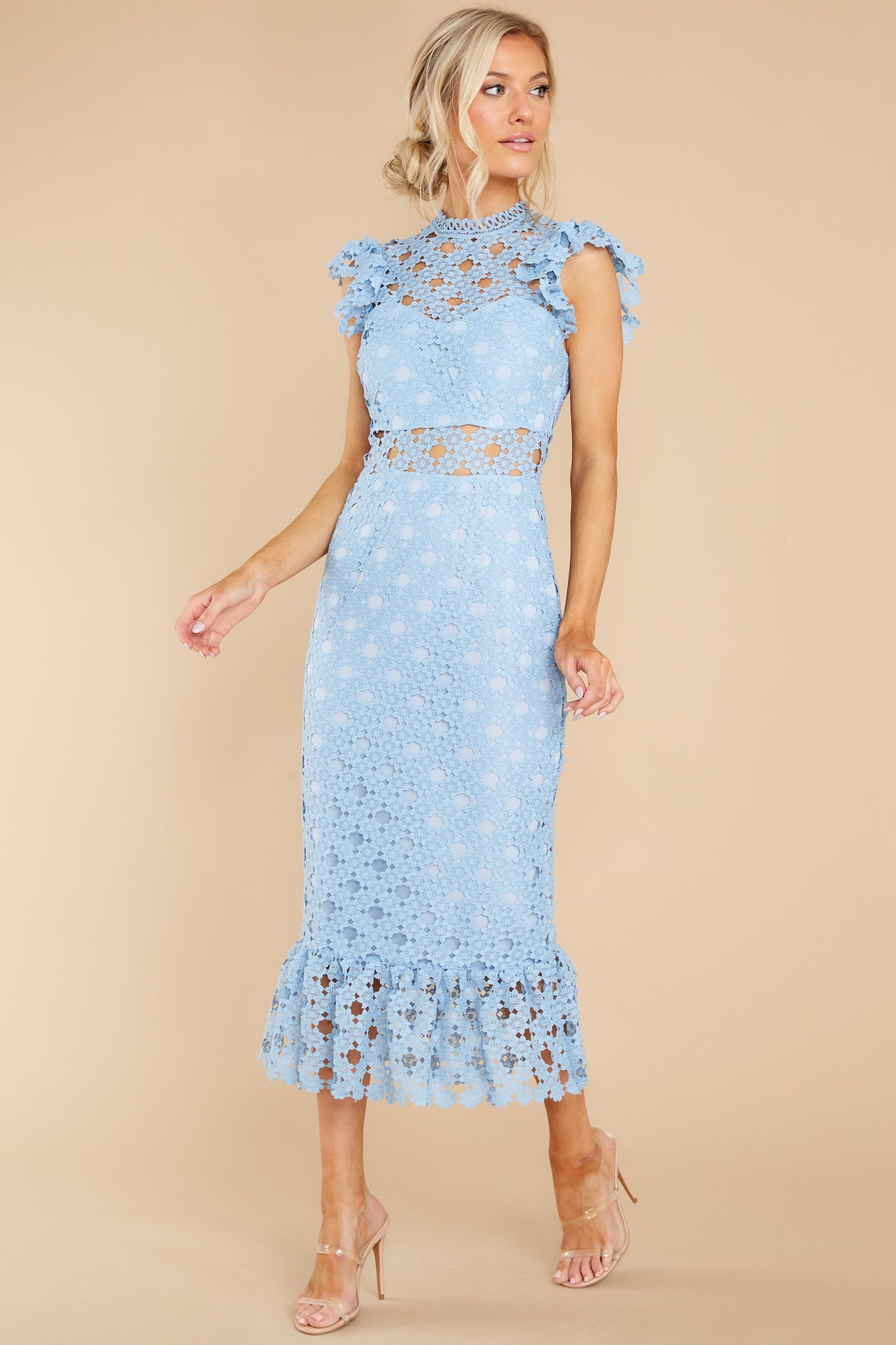 Love's High Hopes Sky Blue Crochet Midi Dress