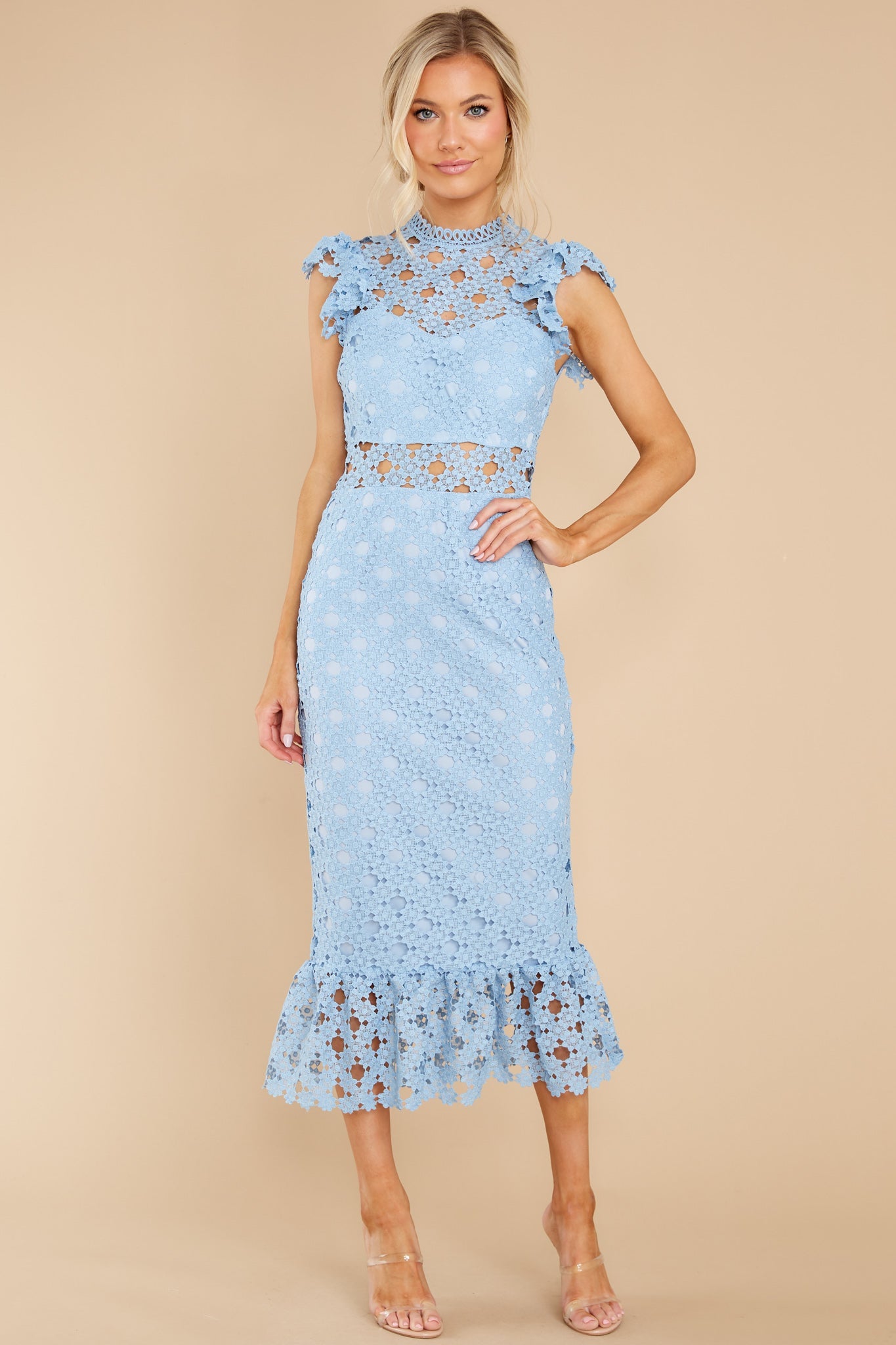 Love's High Hopes Sky Blue Crochet Midi Dress