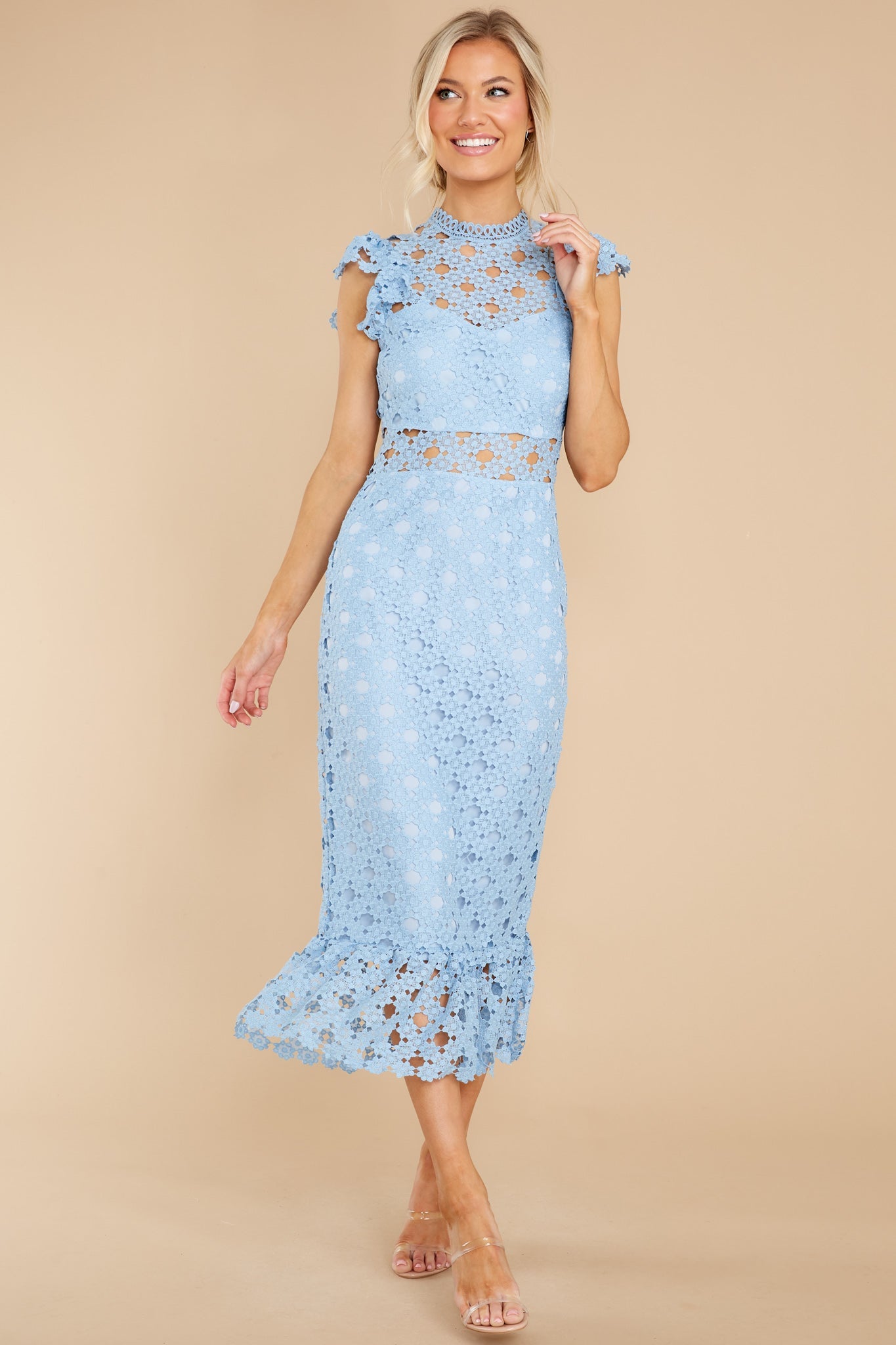 Love's High Hopes Sky Blue Crochet Midi Dress