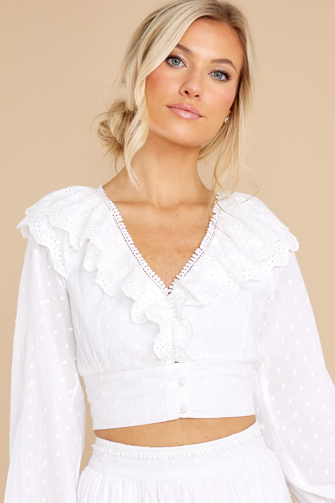 White Eyelet Ruffle Crop Blouse