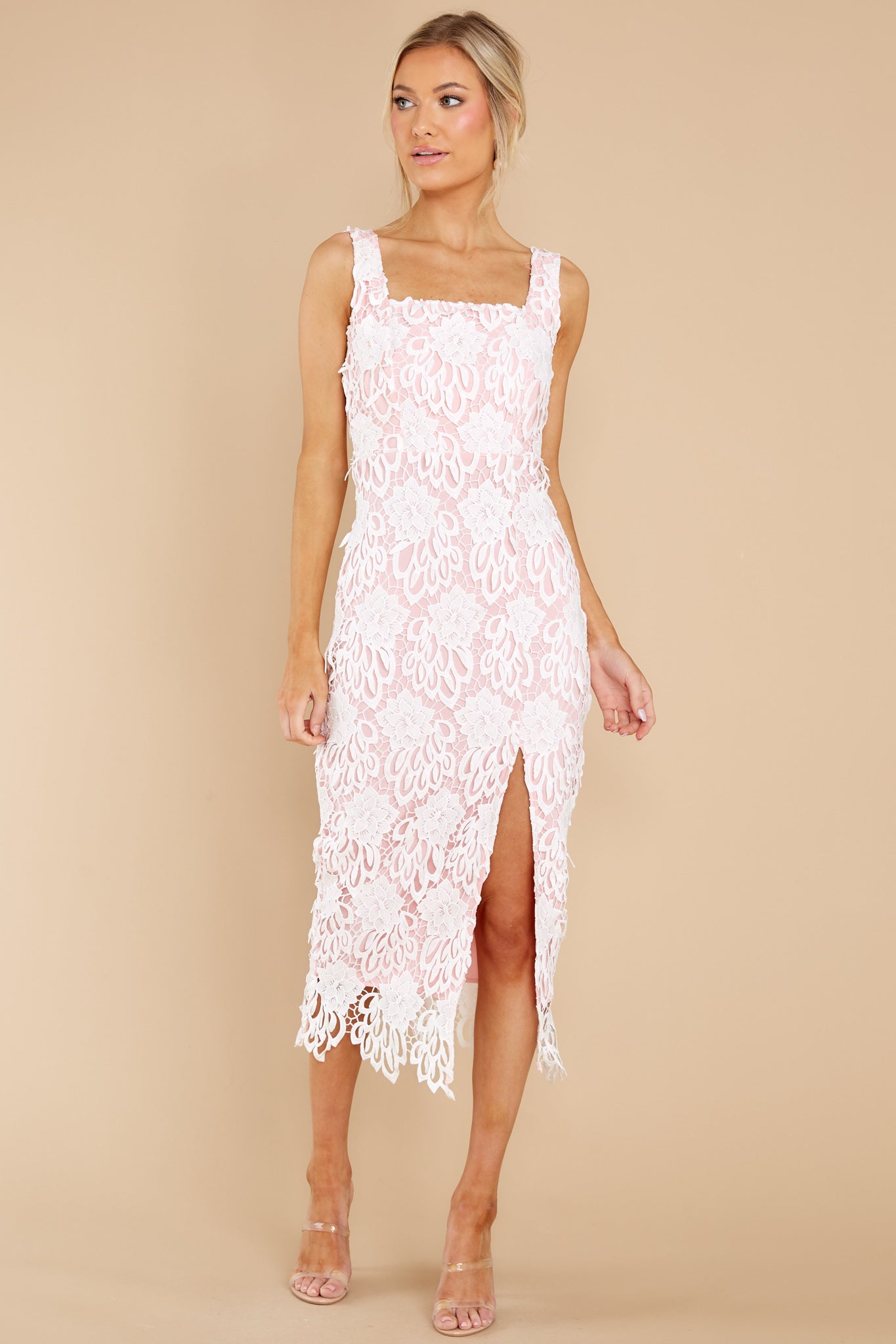 Own The Room Pink Lace Midi Dress
