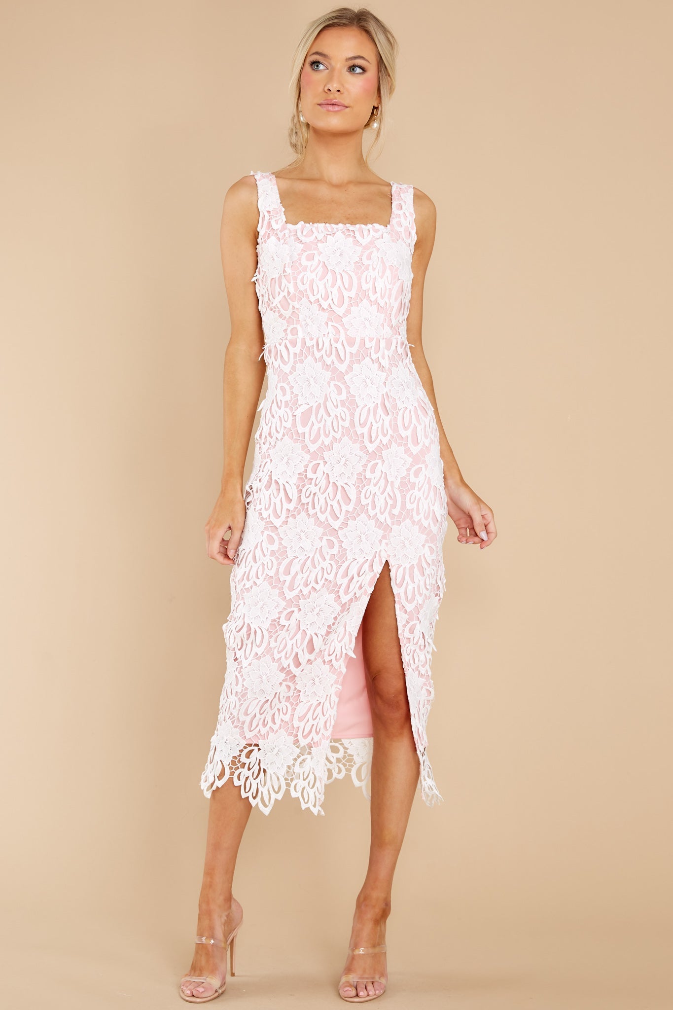 Own The Room Pink Lace Midi Dress