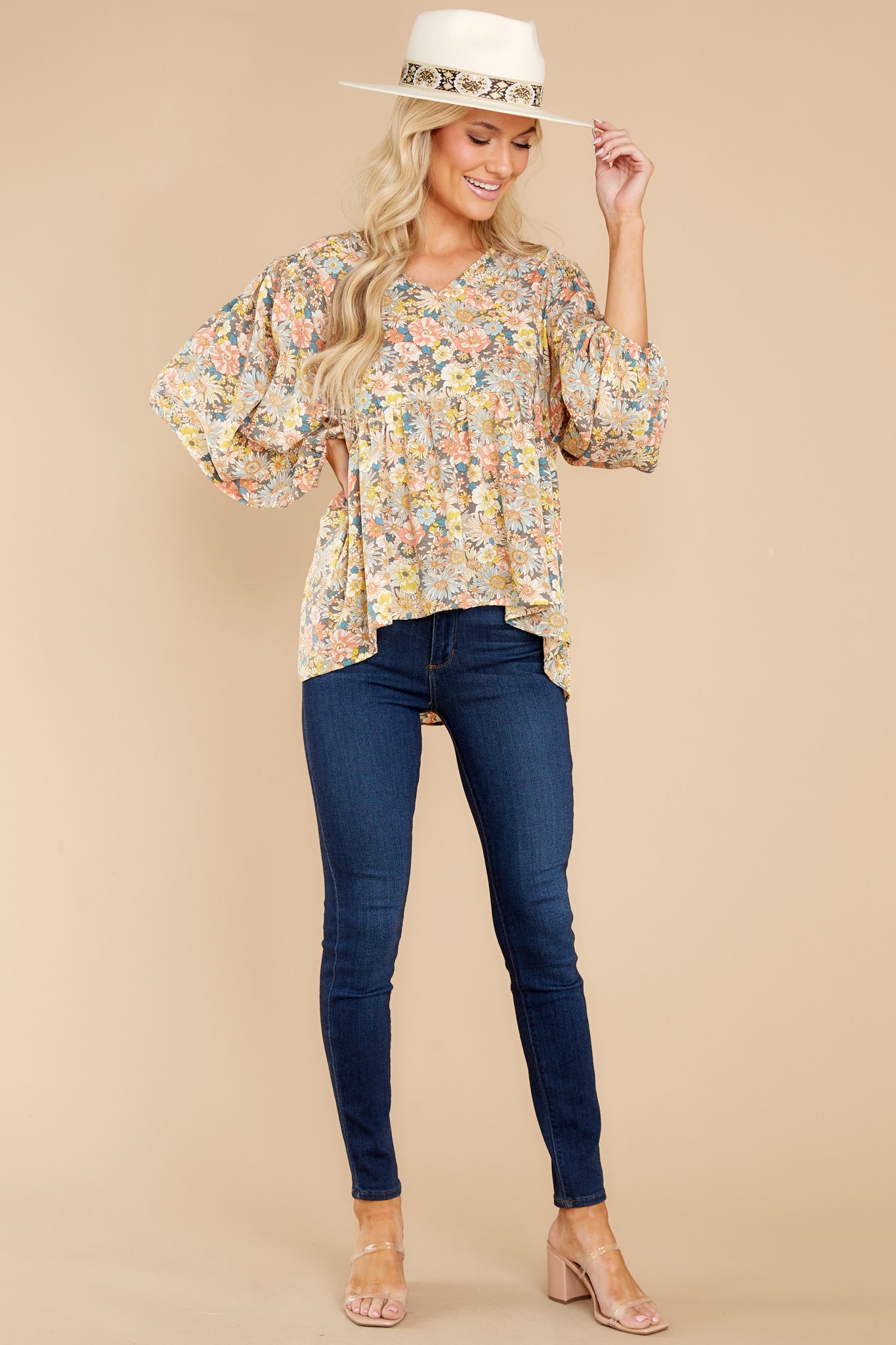 Rain Or Shine Ivory Multi Floral Print Top