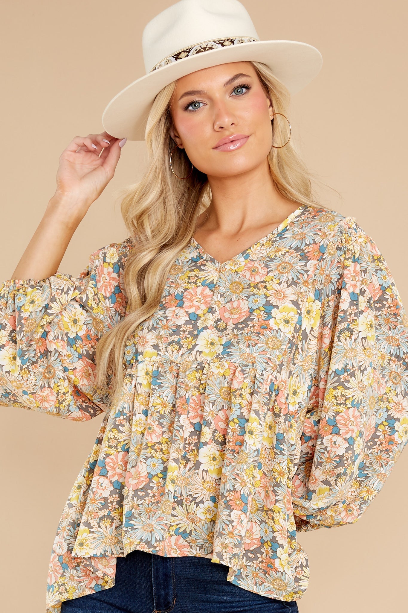 Rain Or Shine Ivory Multi Floral Print Top