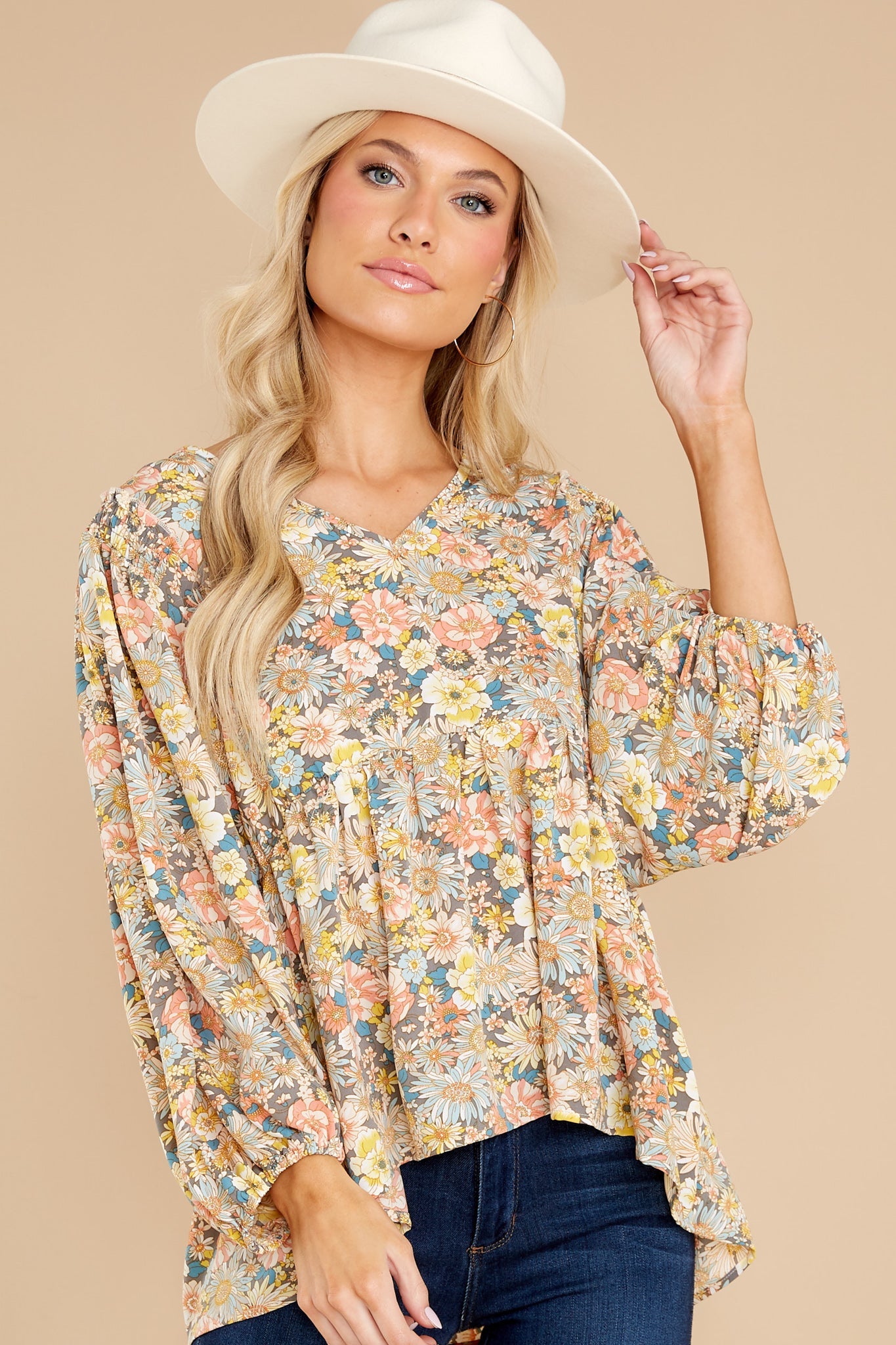 Rain Or Shine Ivory Multi Floral Print Top