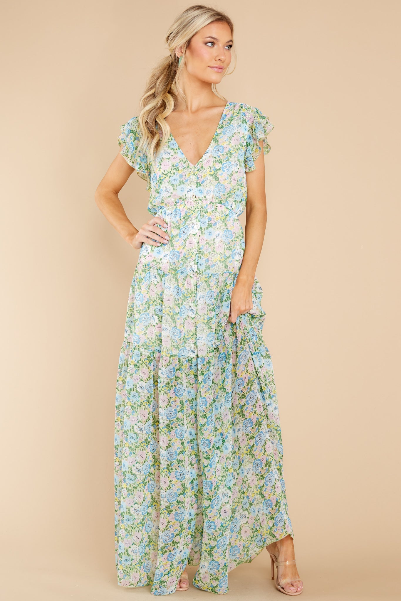 Bouquet Of Happy Green Floral Print Maxi Dress