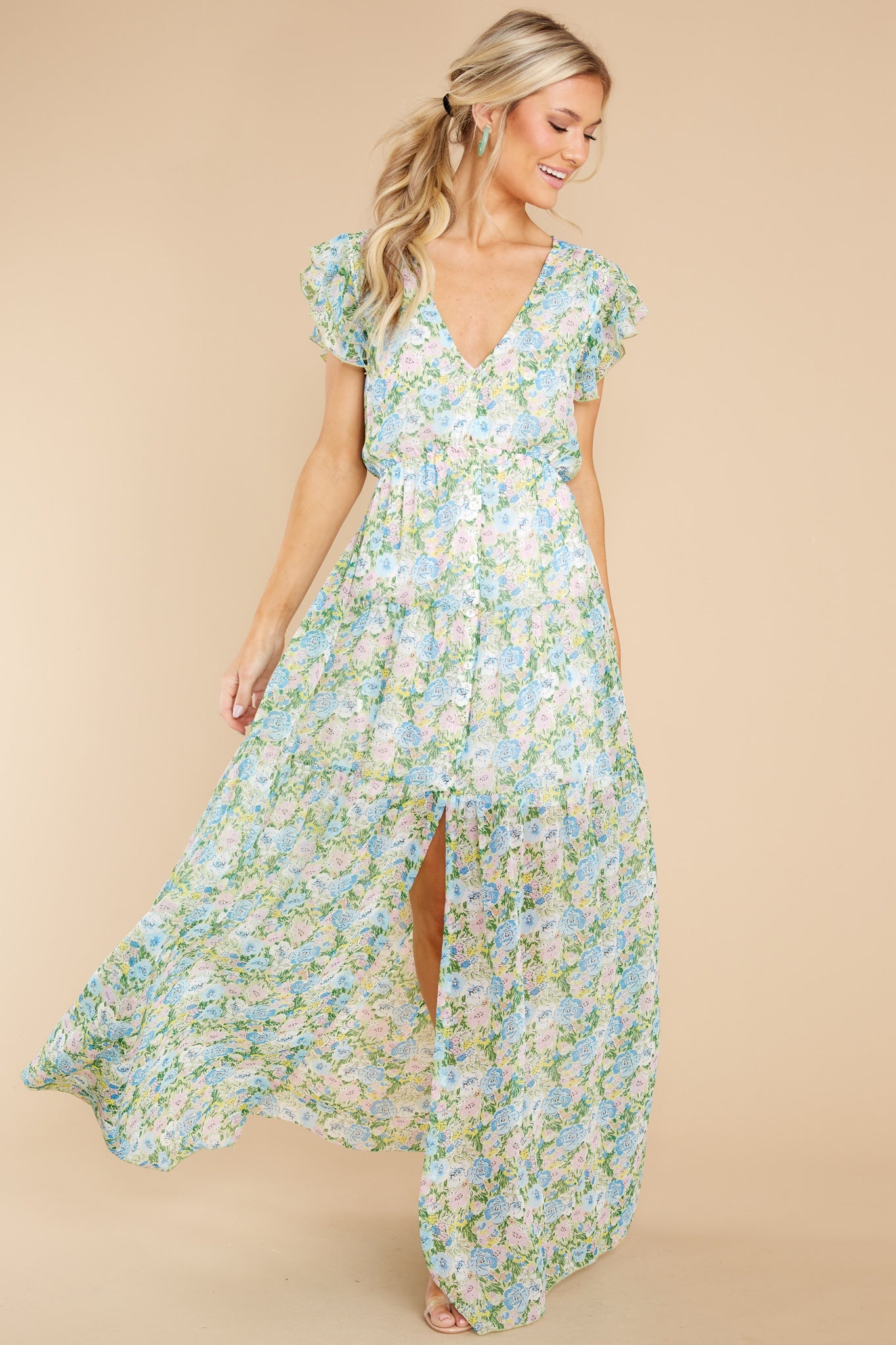 Bouquet Of Happy Green Floral Print Maxi Dress