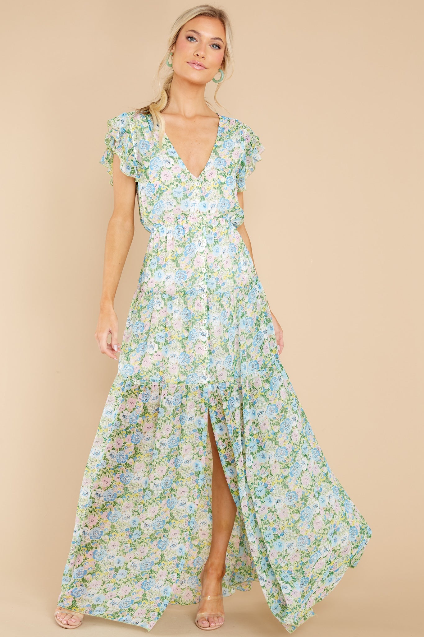Bouquet Of Happy Green Floral Print Maxi Dress