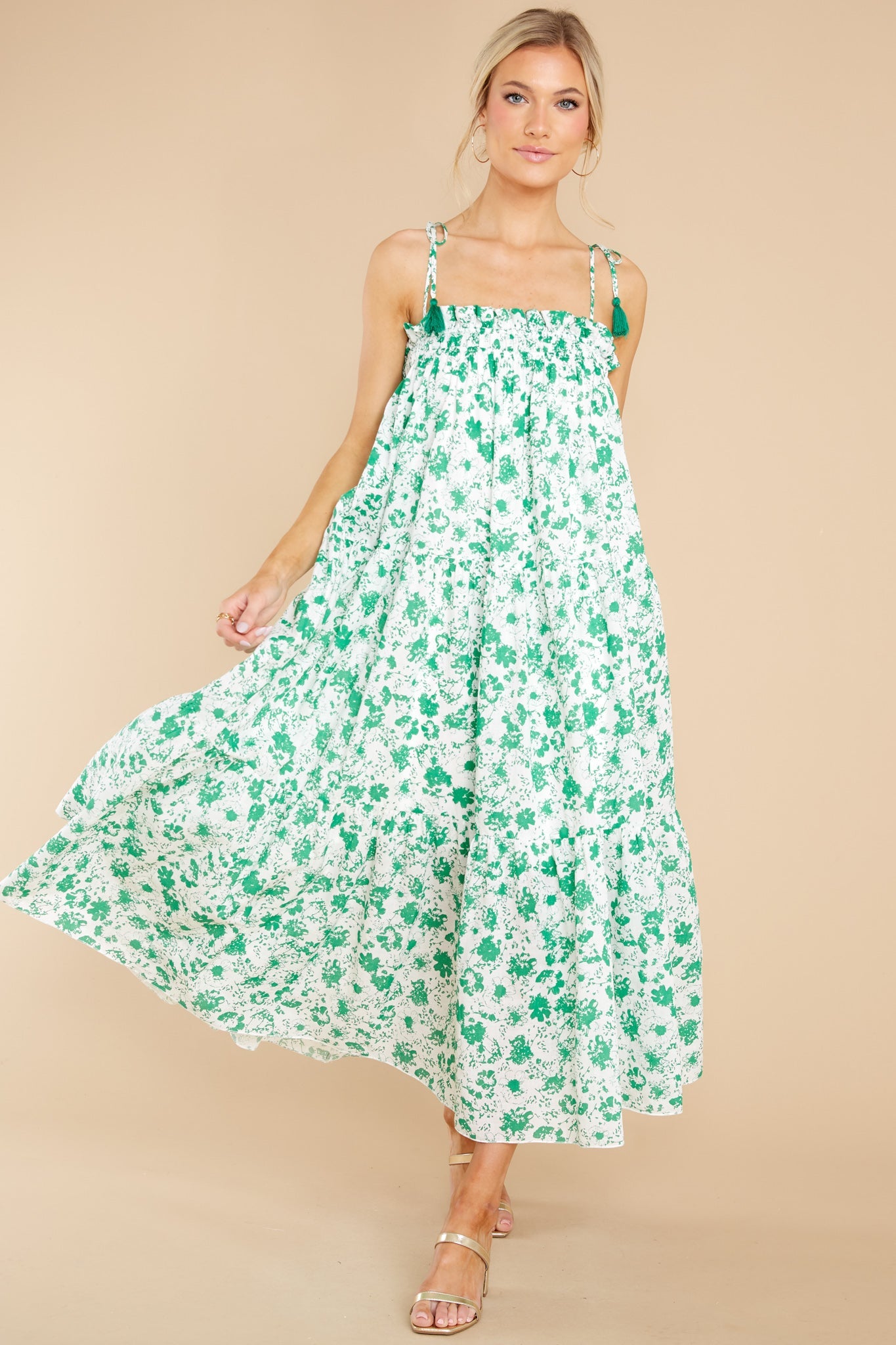 Feel The Breeze White And Green Floral Print Midi Dress