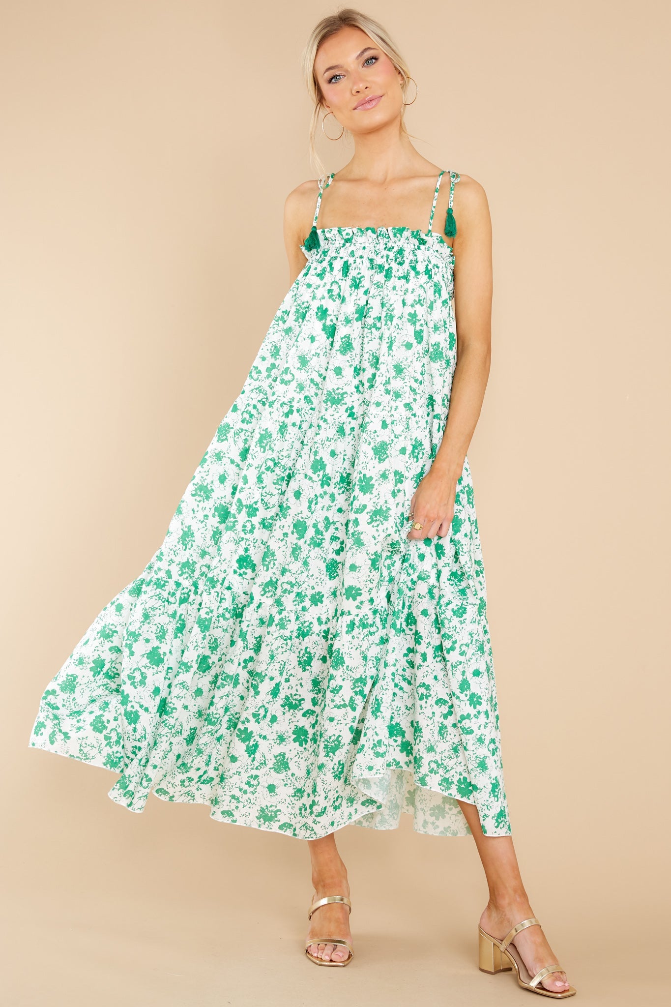 Feel The Breeze White And Green Floral Print Midi Dress