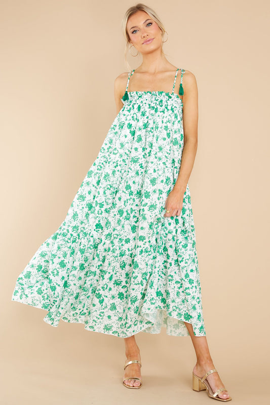 Feel The Breeze White And Green Floral Print Midi Dress