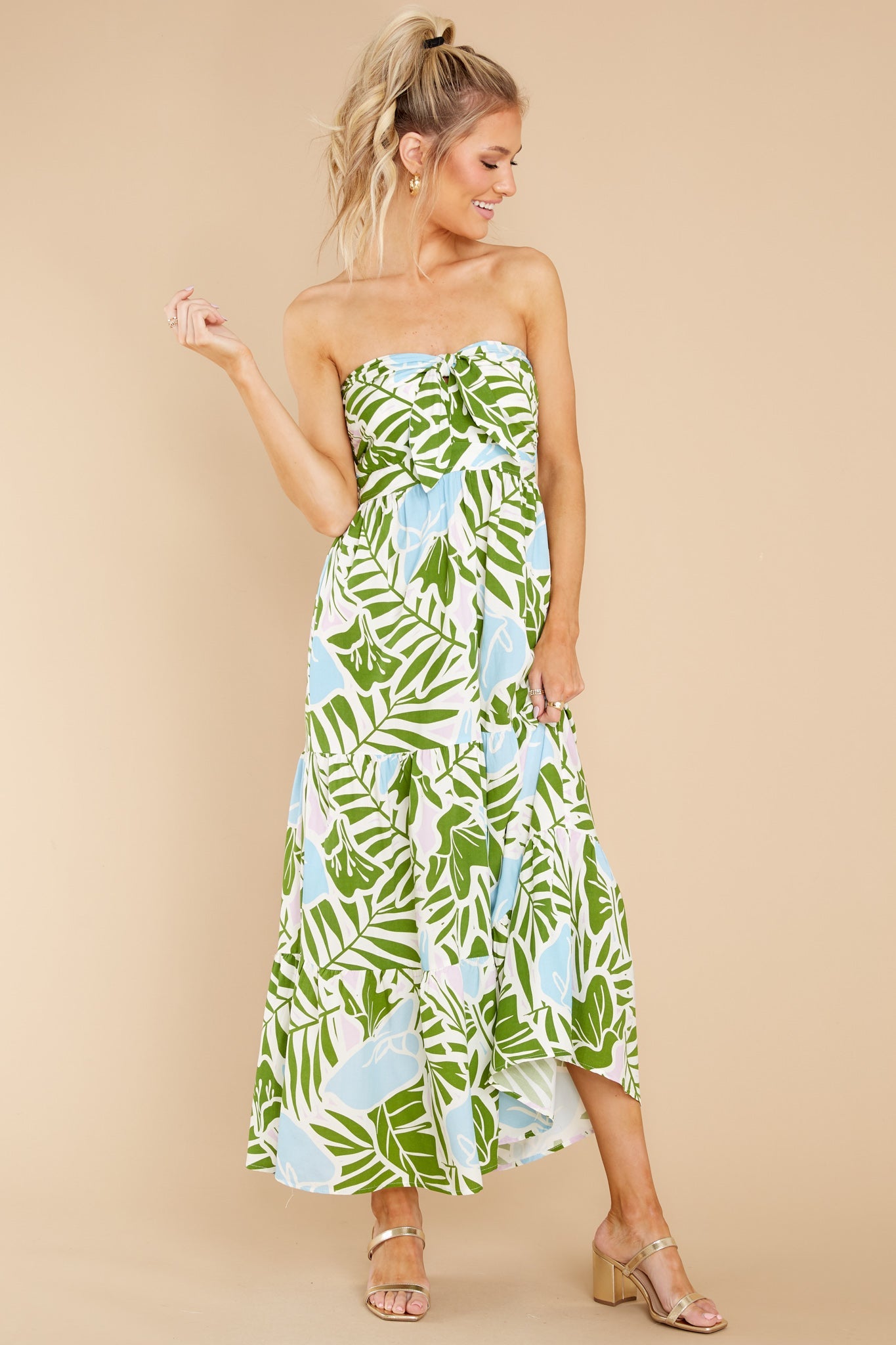 Summer Breeze Green Multi Tropical Print Midi Dress