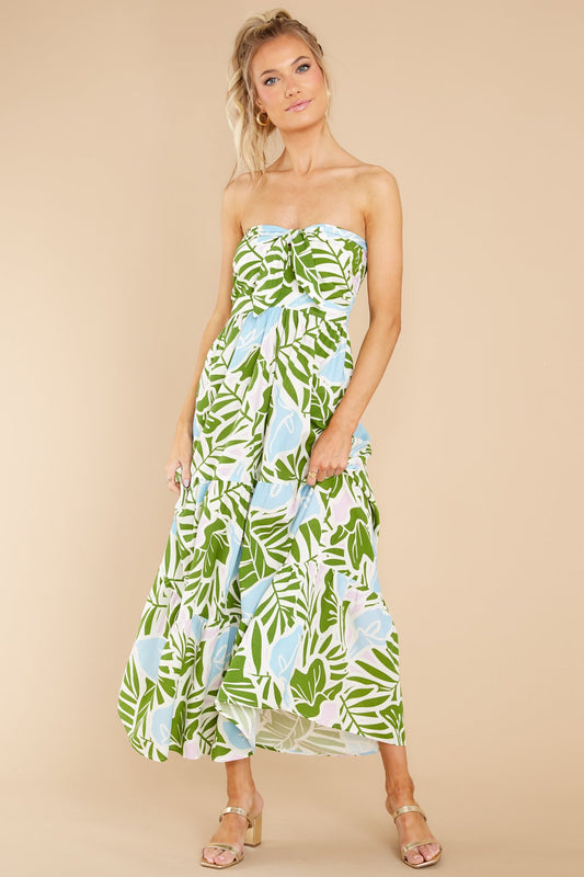 Summer Breeze Green Multi Tropical Print Midi Dress