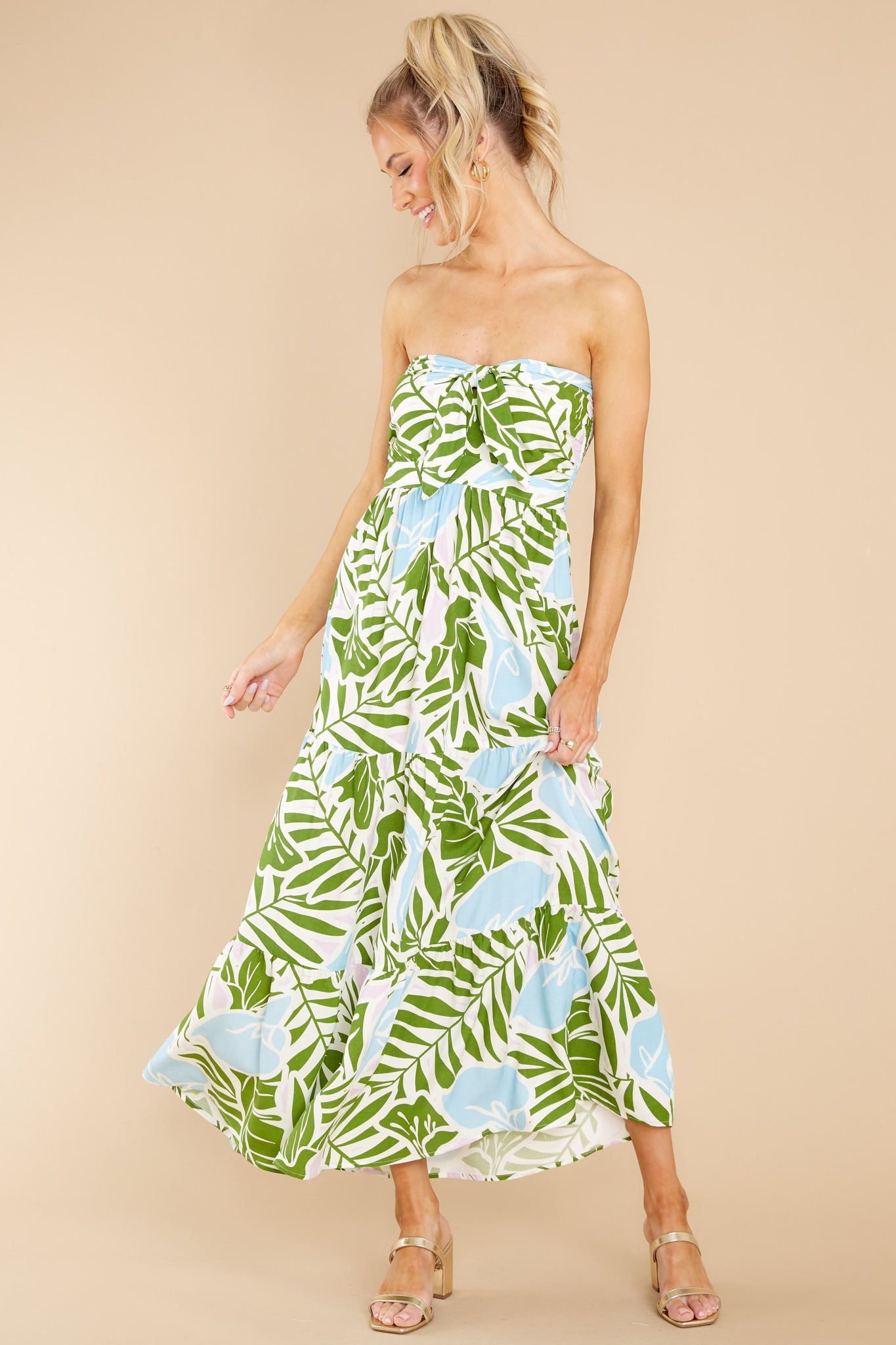 Summer Breeze Green Multi Tropical Print Midi Dress