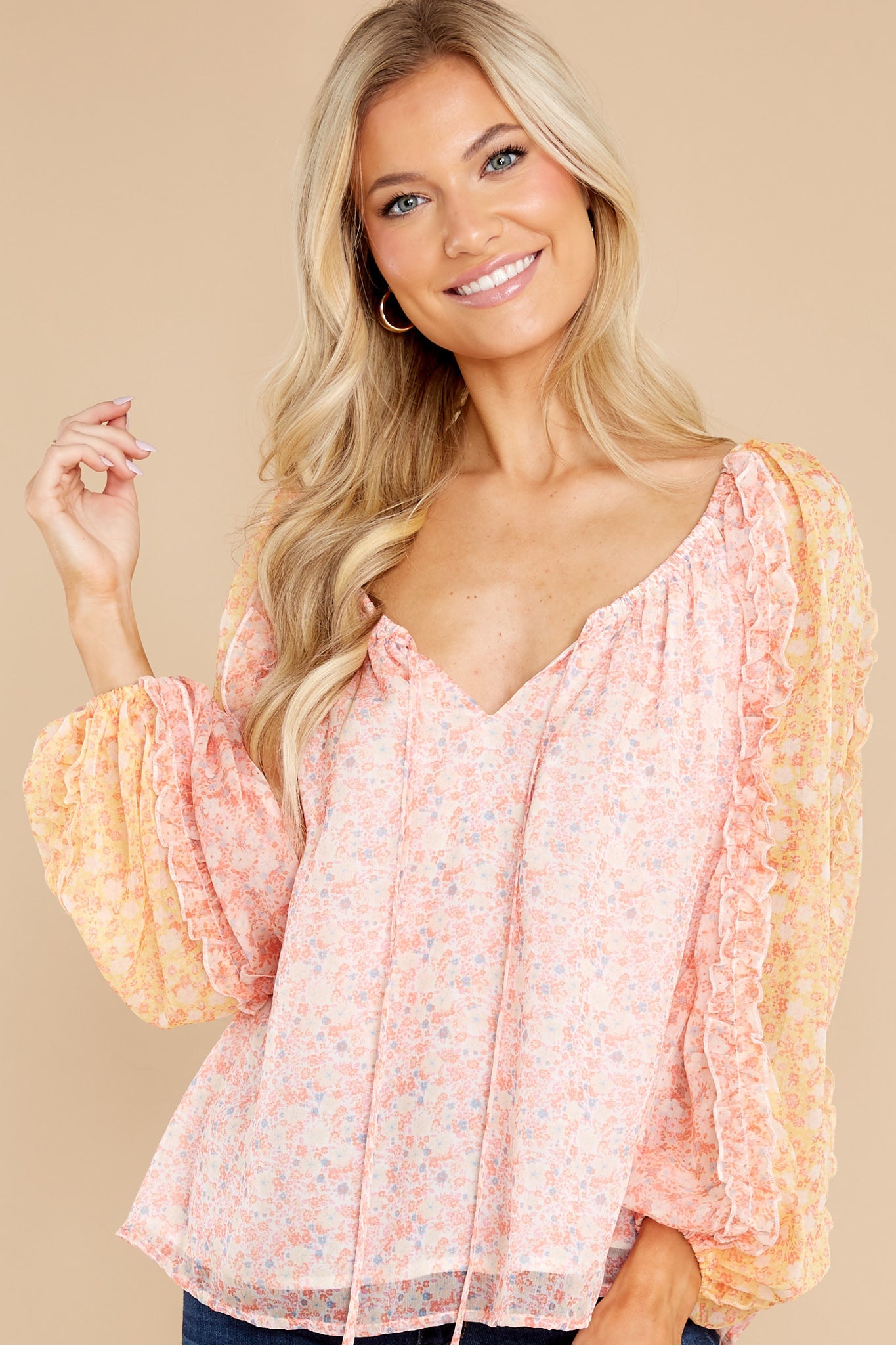 My Heart Blooms Peach And Yellow Floral Top