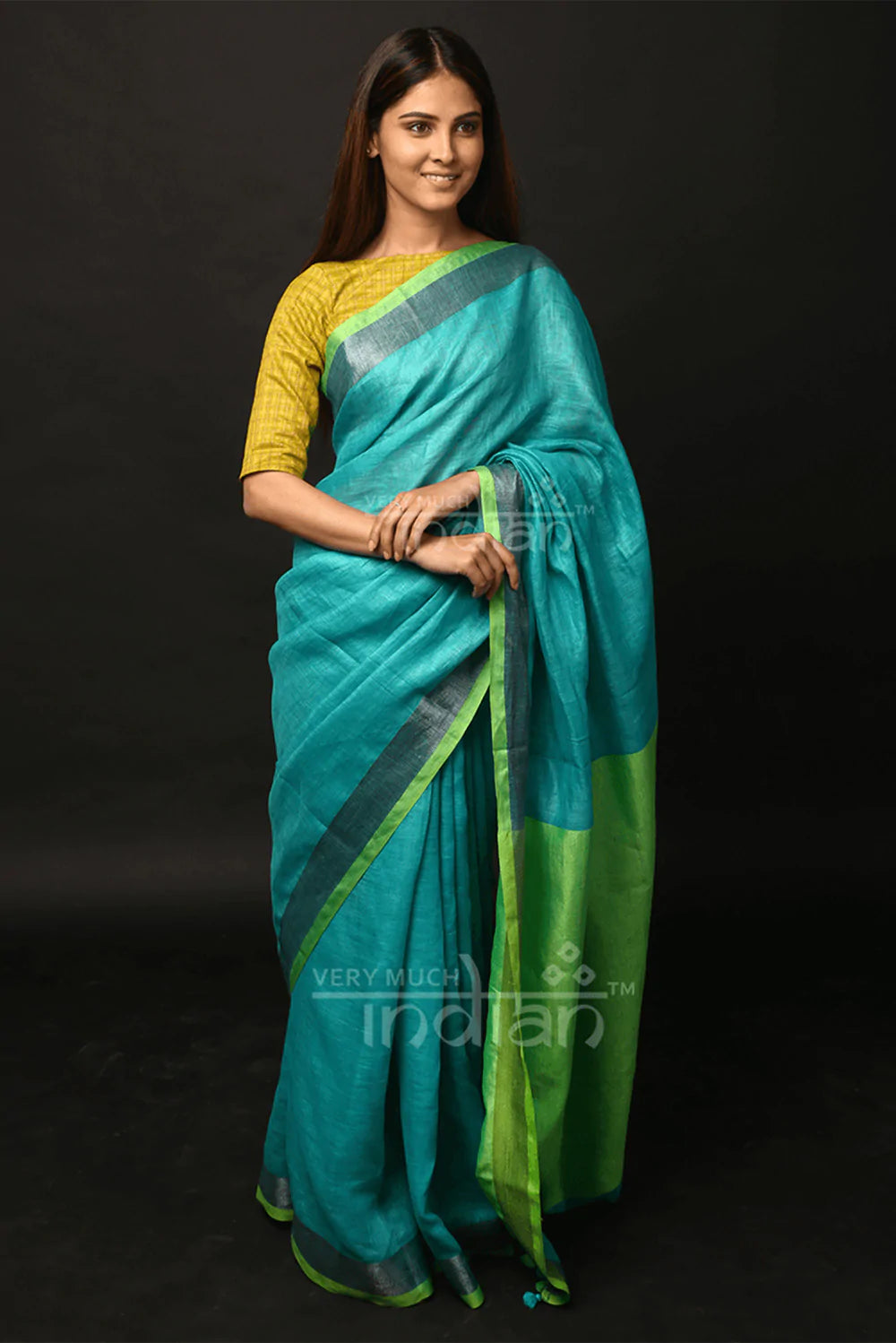 Pure Organic Linen Saree – Blue And Green (Hand-Dyed)