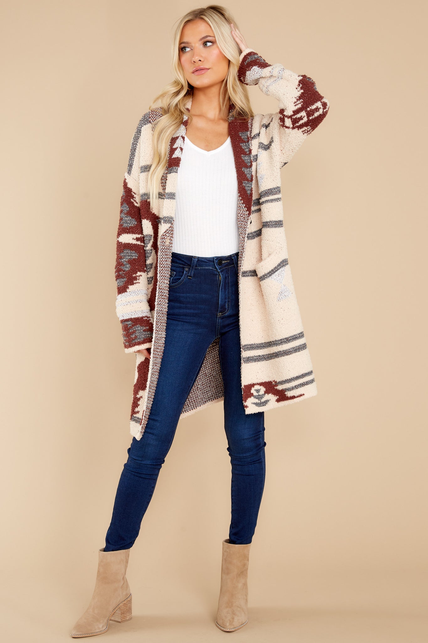 Westward Nights Cream And Rust Print Cardigan