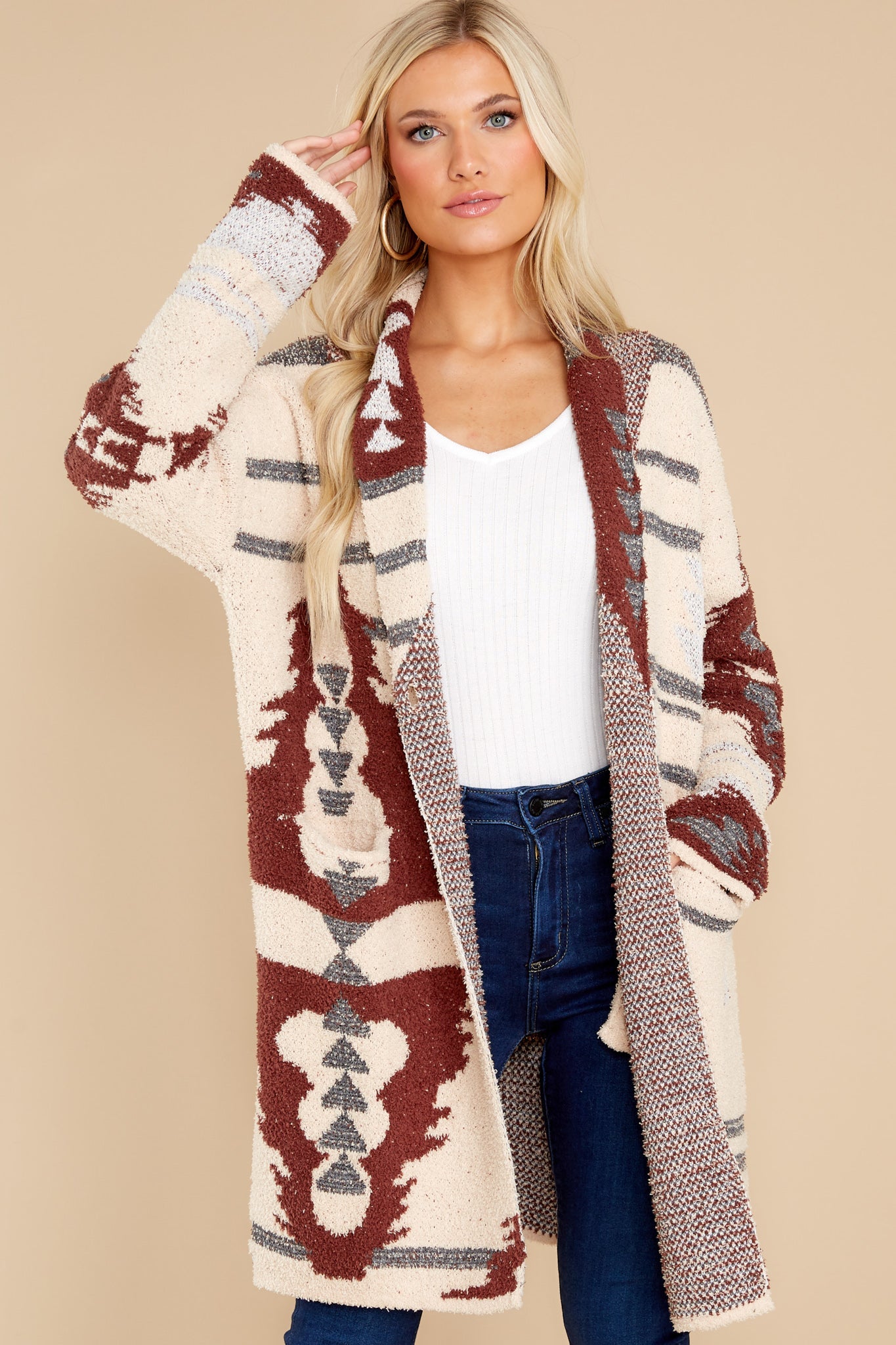 Westward Nights Cream And Rust Print Cardigan