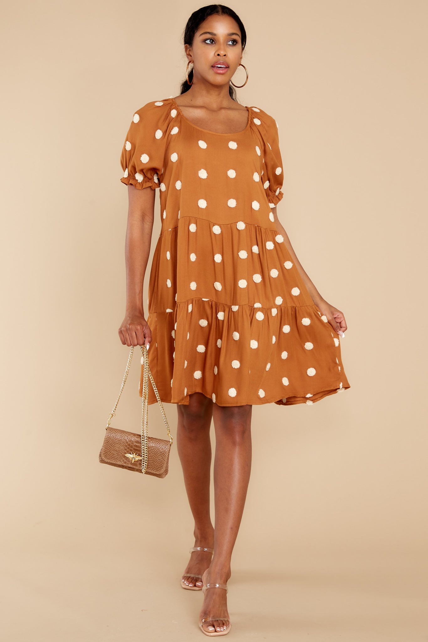 She Loves To Twirl Caramel Polka Dot Dress