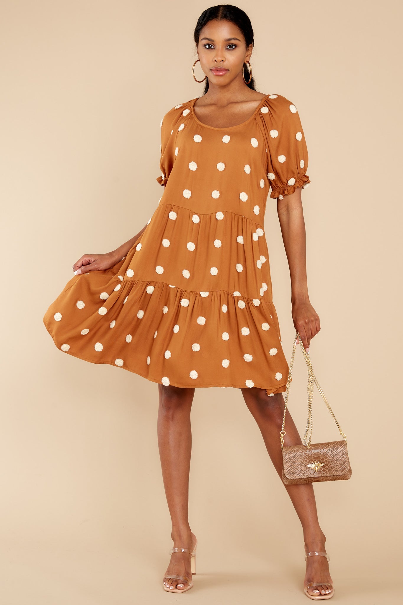 She Loves To Twirl Caramel Polka Dot Dress