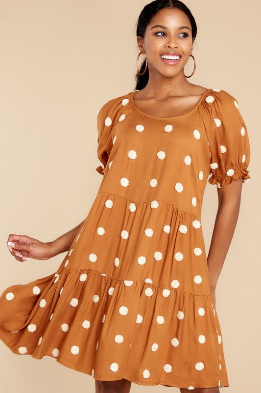 She Loves To Twirl Caramel Polka Dot Dress