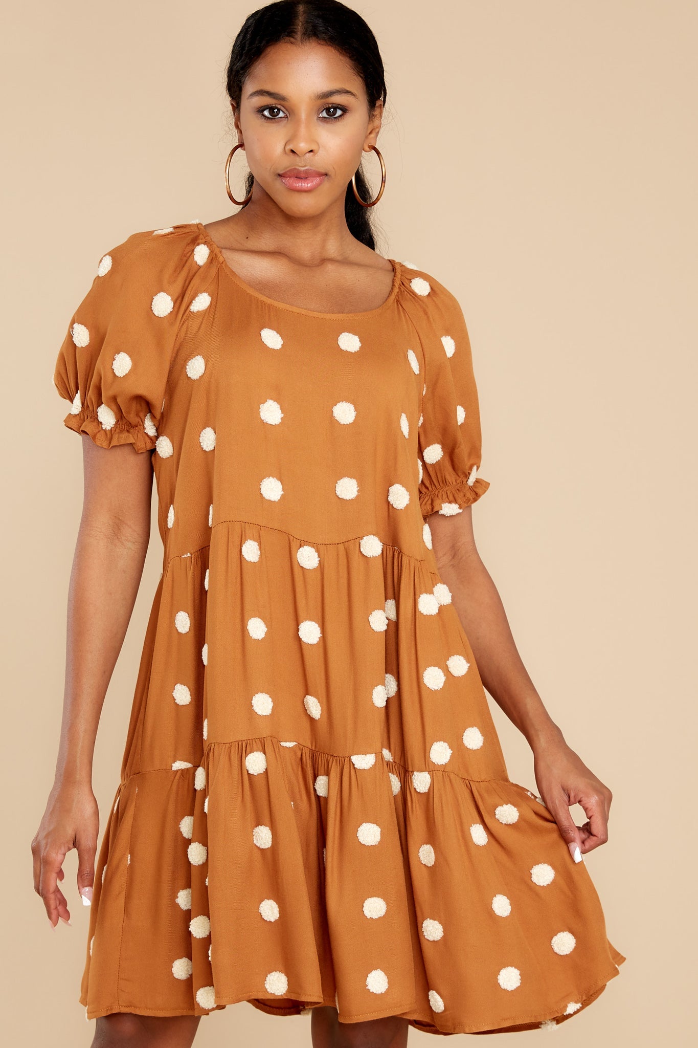 She Loves To Twirl Caramel Polka Dot Dress