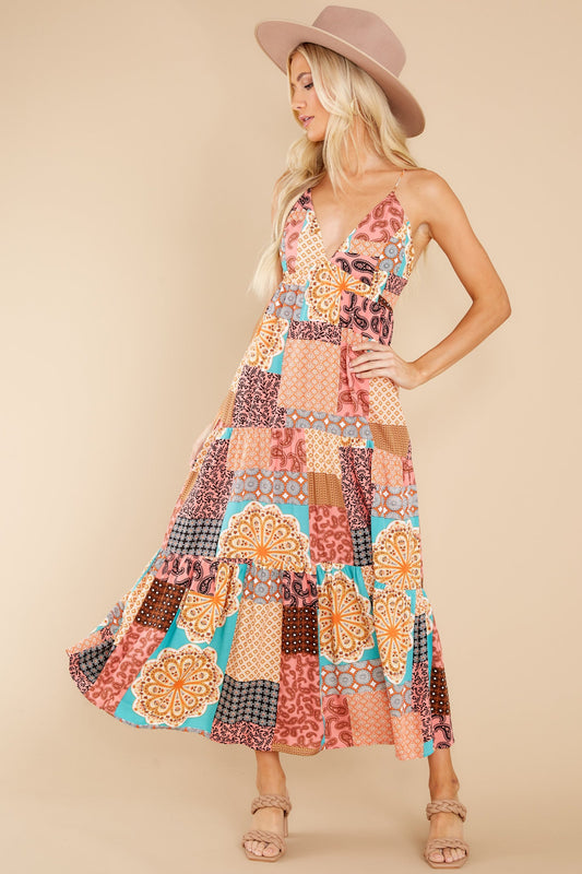 A Different Tune Peach Multi Print Maxi Dress