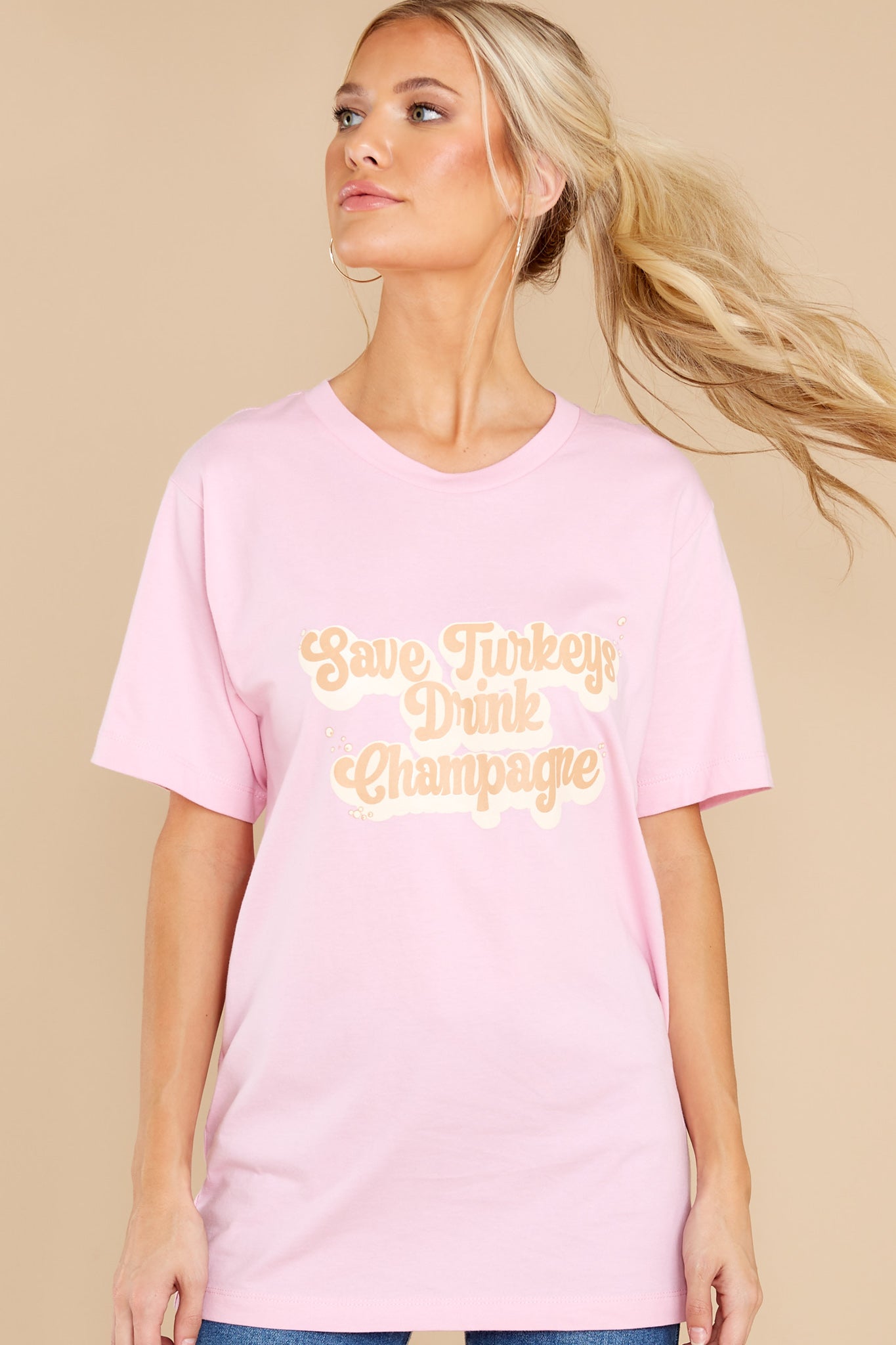 Save Turkeys Drink Champagne Pink Tee