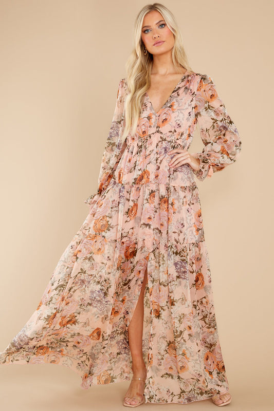 Showing Off Peach Floral Print Maxi Dress