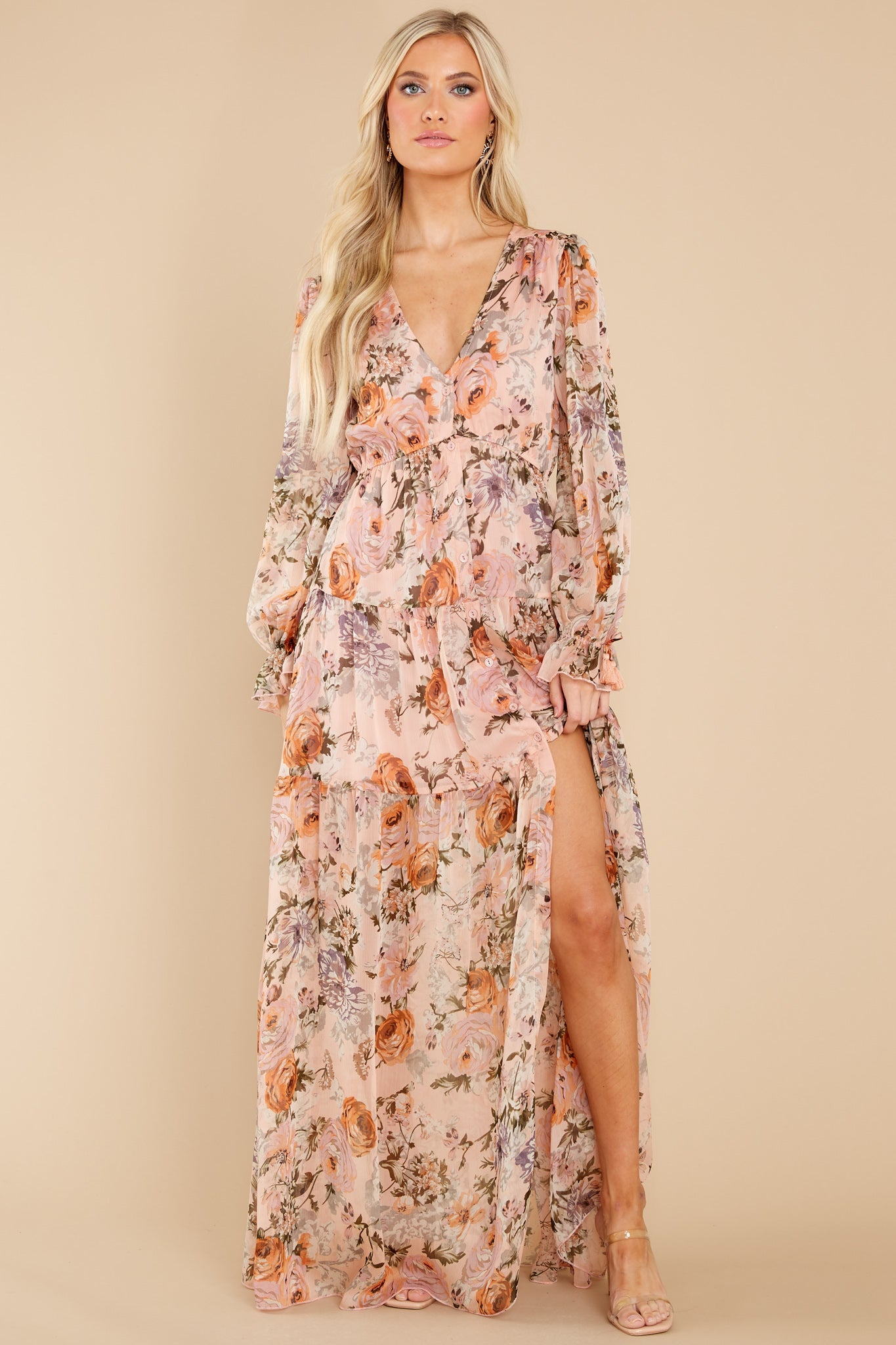 Showing Off Peach Floral Print Maxi Dress