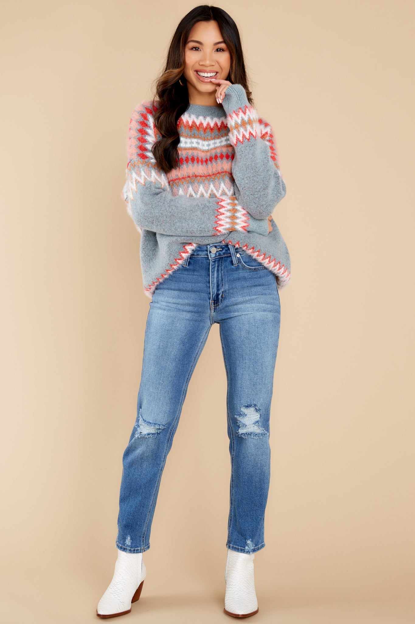 Starlit Valleys Blue And Red Print Sweater