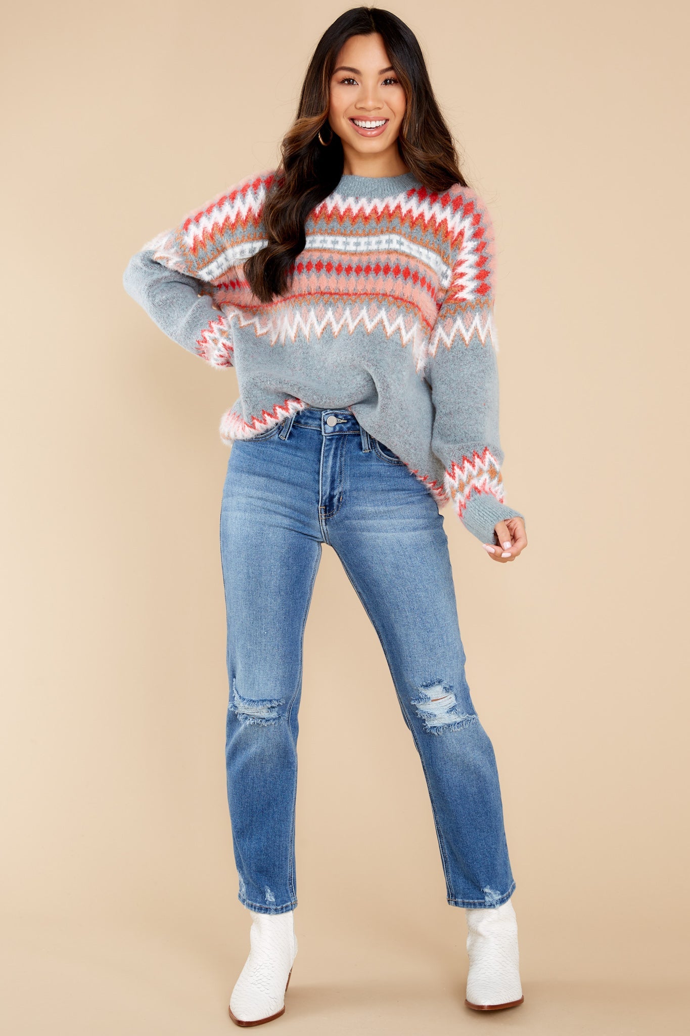 Starlit Valleys Blue And Red Print Sweater