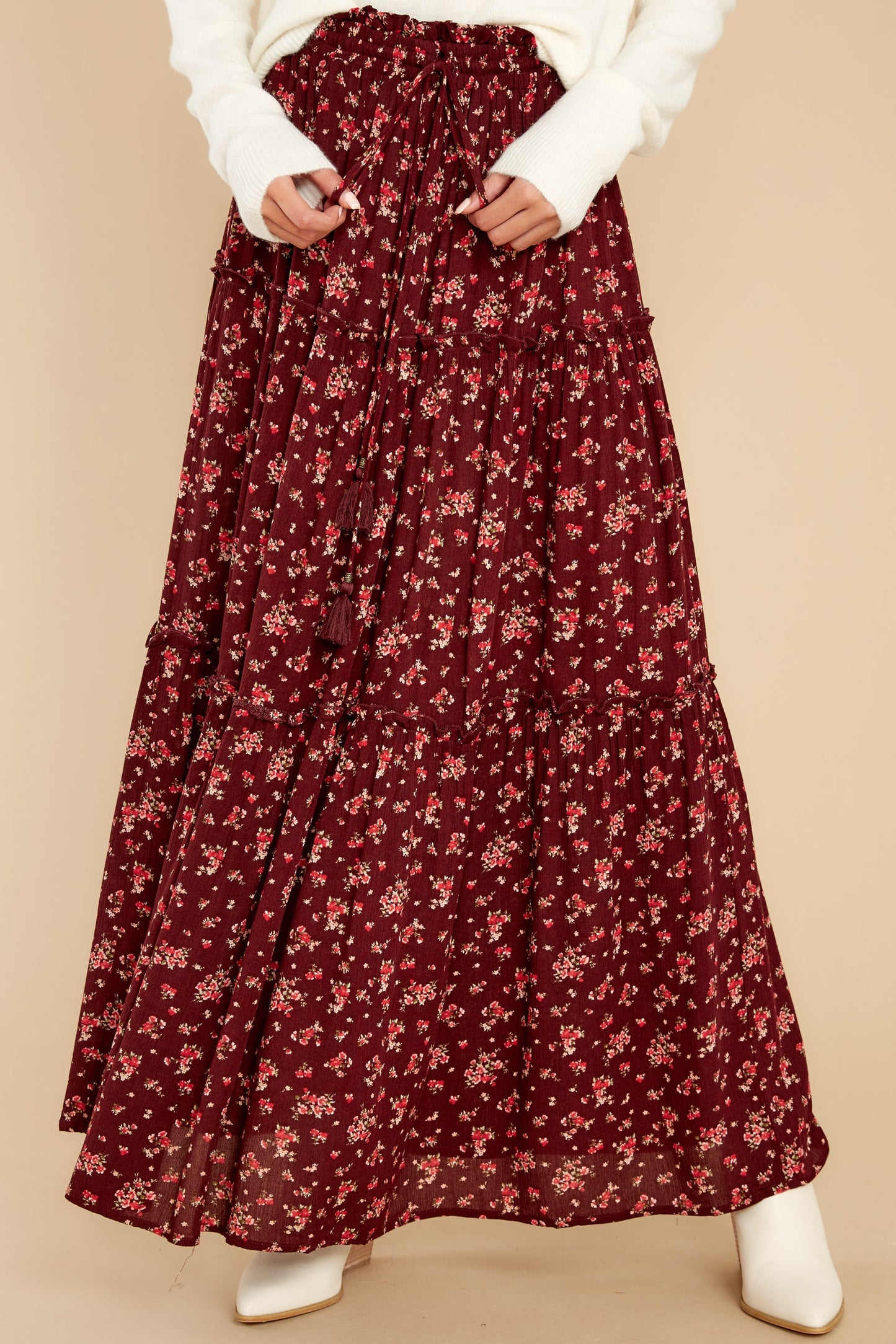 Flirty In The Fall Burgundy Floral Print Maxi Skirt