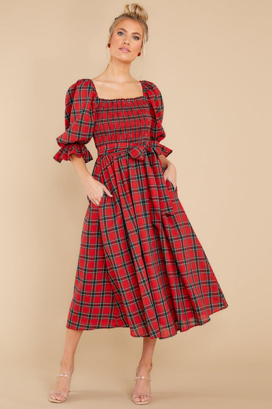 The Right Occasion Red Plaid Midi Dress