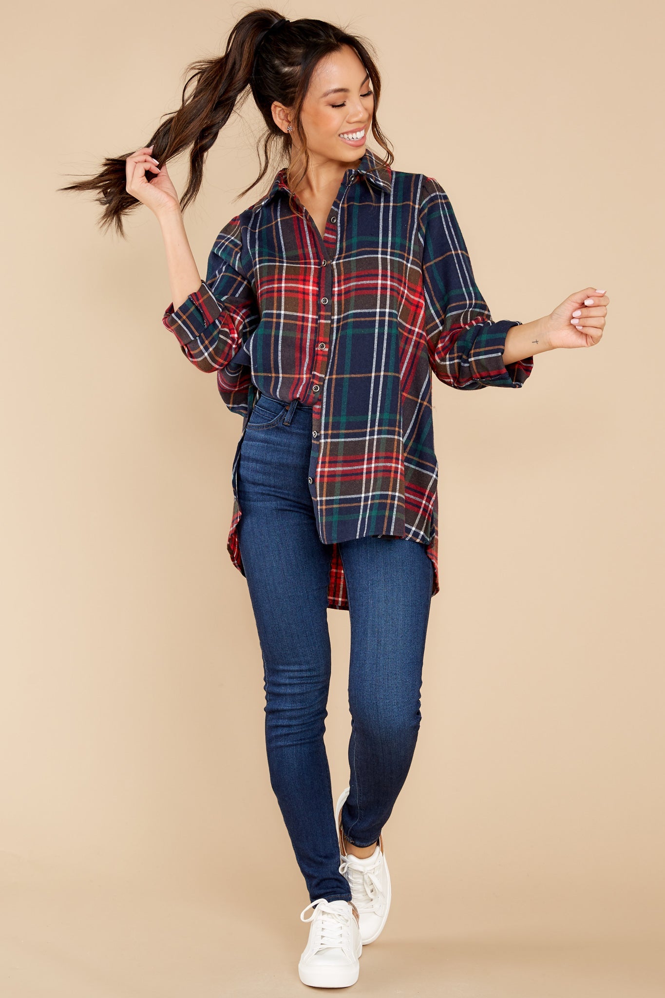 Just Like Home Navy Multi Plaid Top